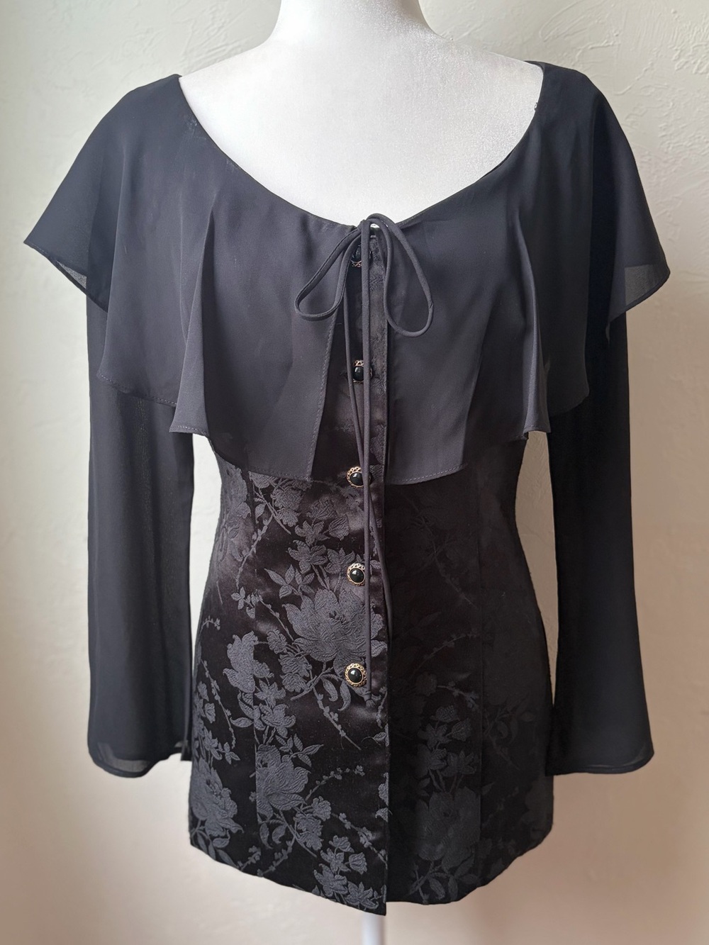 Vintage Francine Browner Black Floral Jacquard Cape Blouse Top S